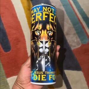 May Not Be Perfect Lion Graphic Tumbler - Blue & Gold